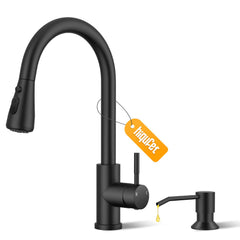Hiqufet black kitchen faucet with soap dispenser offers precise soap control for cooking and cleaning.