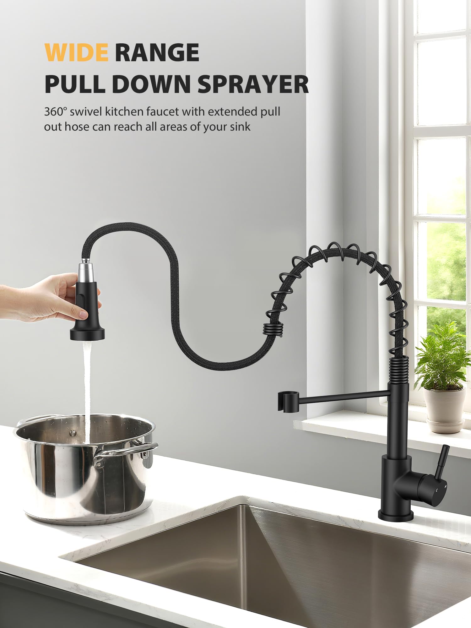 Hiqufet faucet shows 360-degree rotating spout for convenient sink access