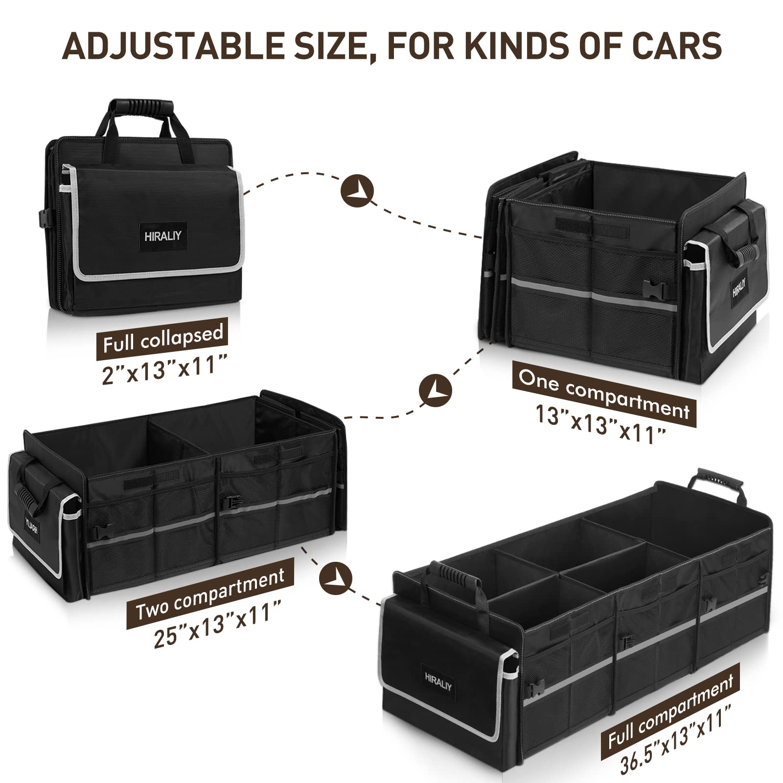 HIRALIY multi-compartment trunk organizer keeps items organized during trips.