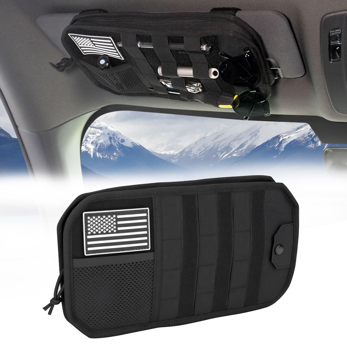 Hiseanllo car sun visor organizer with MOLLE panel for easy gear attachment