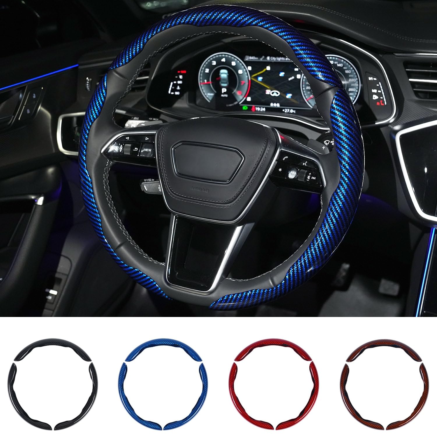 Hiseanllo carbon fiber steering wheel cover in blue reflects sunlight for a sporty look.