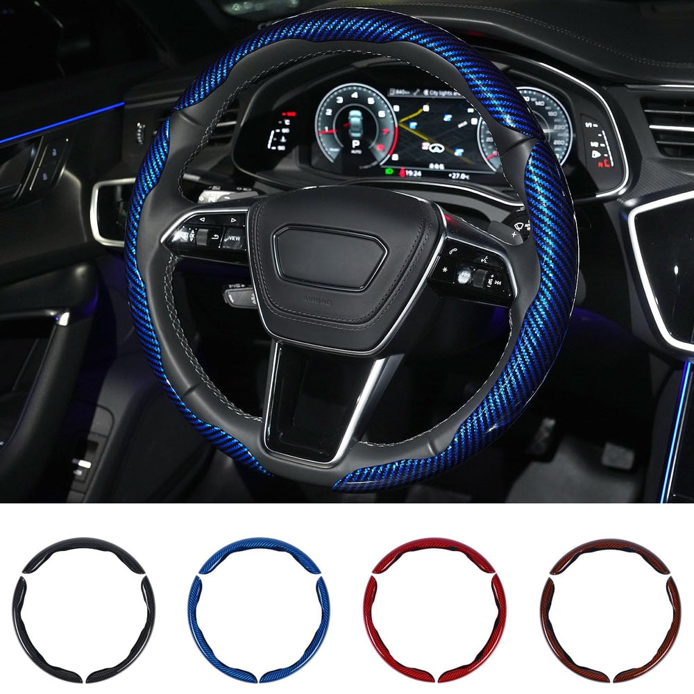 Hiseanllo carbon fiber steering wheel cover in blue reflects sunlight for a sporty look.