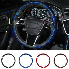 Hiseanllo carbon fiber steering wheel cover in blue reflects sunlight for a sporty look.