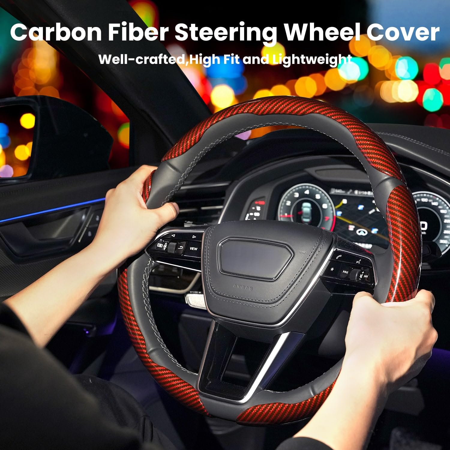 Hiseanllo carbon fiber steering wheel cover adds grip and style during drives.