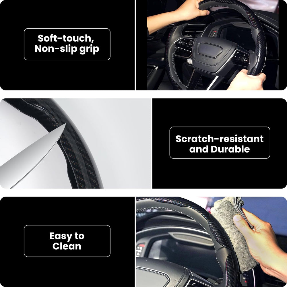 Hiseanllo carbon fiber steering wheel cover fits 14–16 inch wheels universally