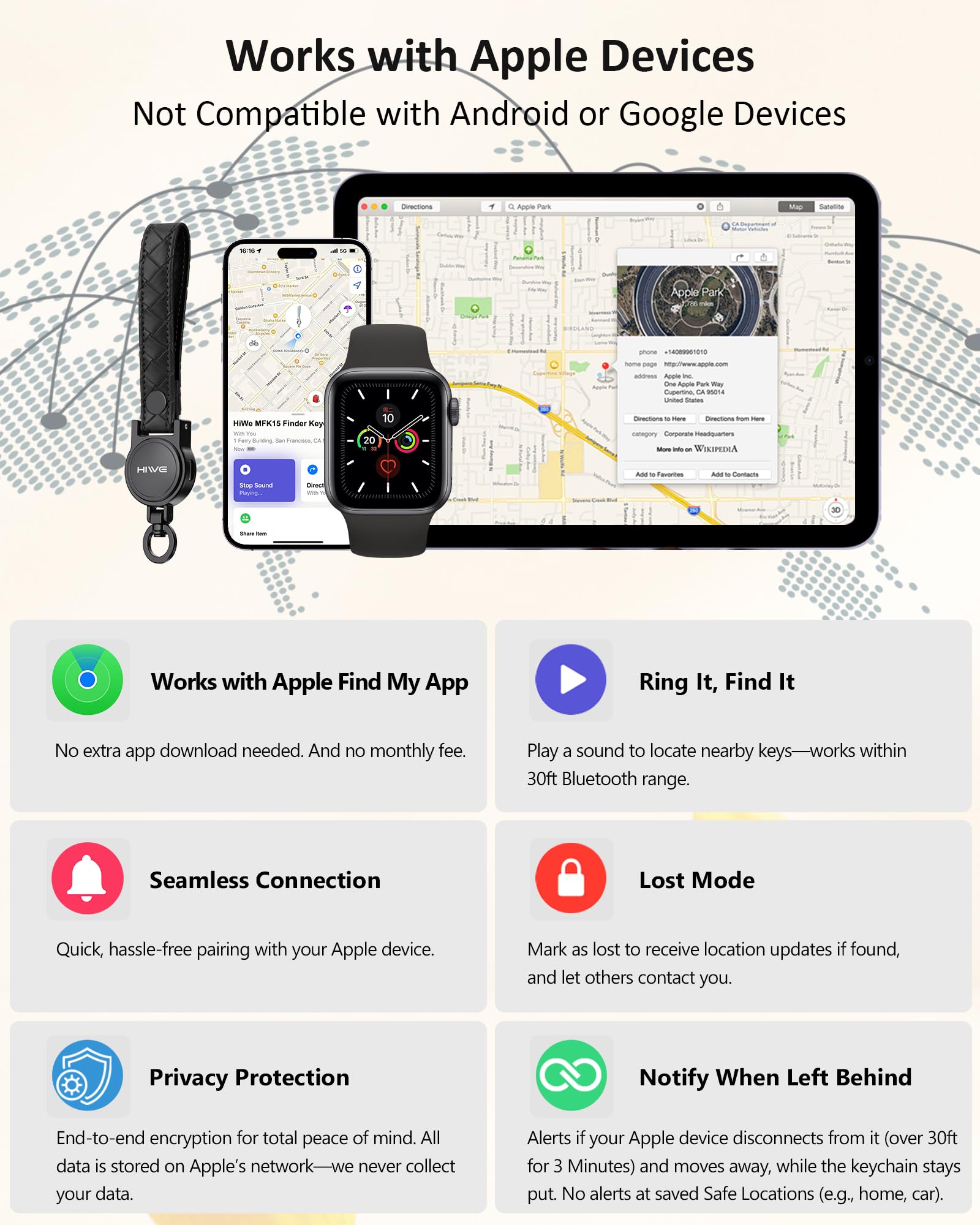HiWe stainless steel case close-up, durable housing protects the tracker