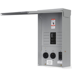 Hiweld RV panel front view shows 20/30/50A outlets for temporary power.