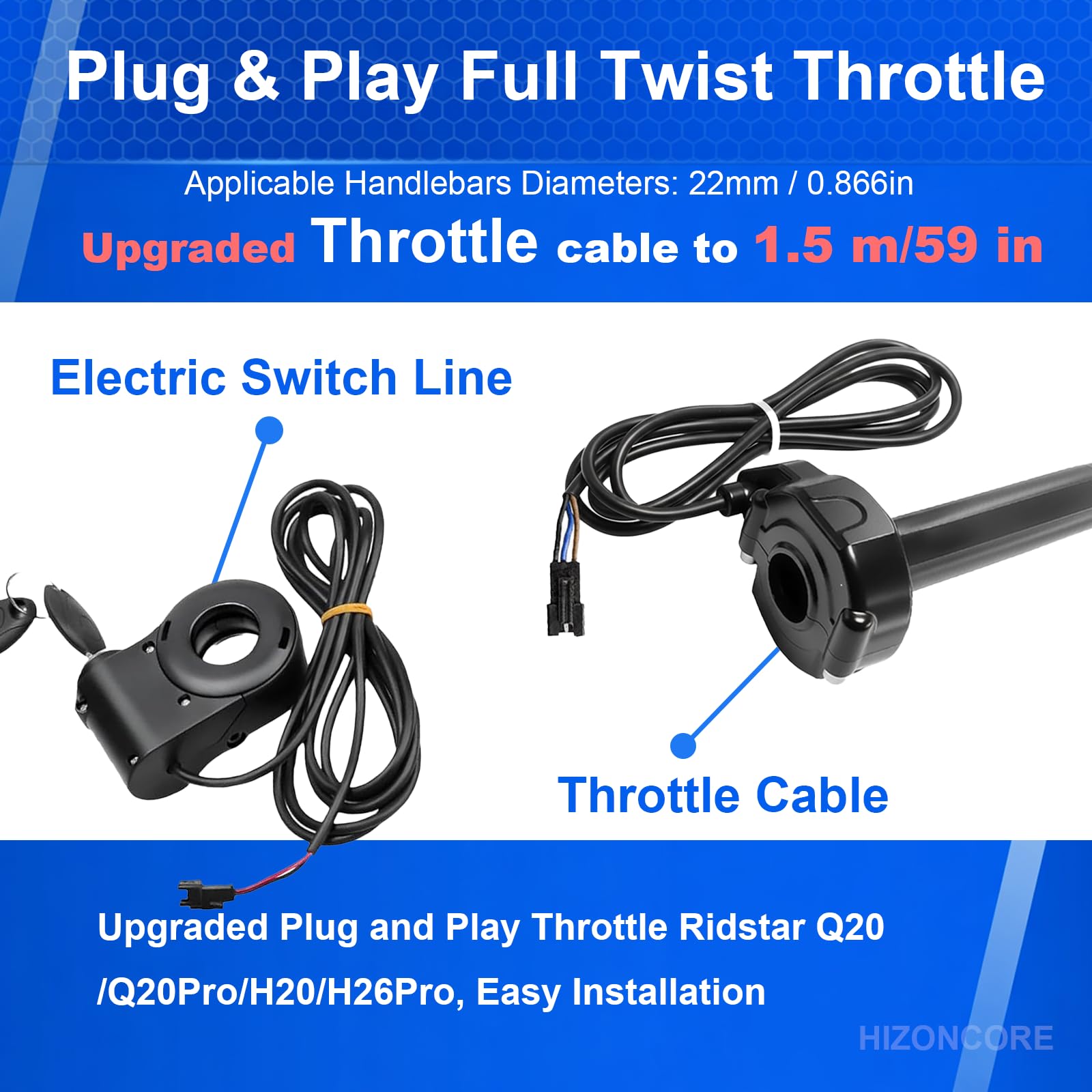 Hizoncore Surron-style full twist throttle design for precise control