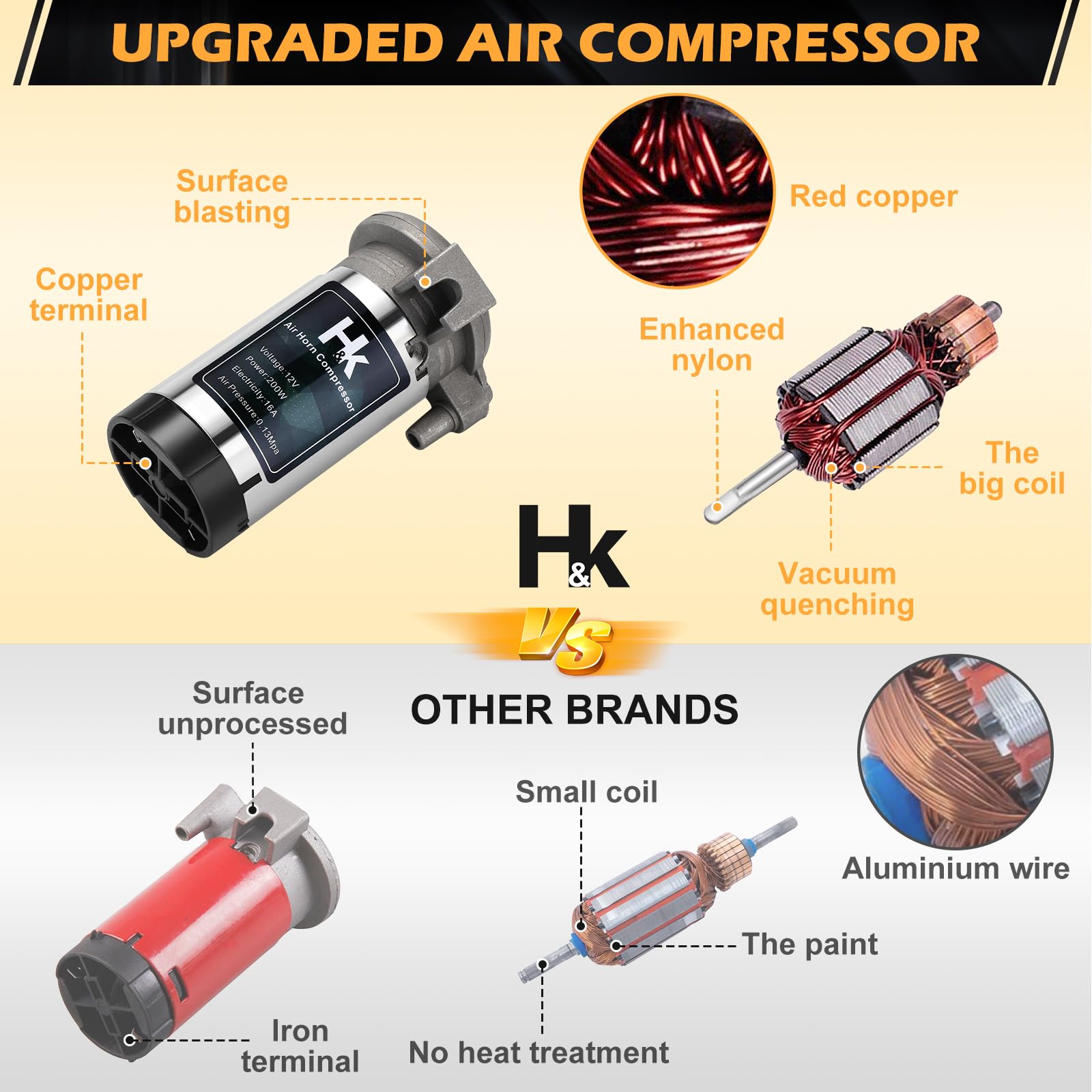 HK air horn compressor chrome finish highlights durable zinc alloy housing.