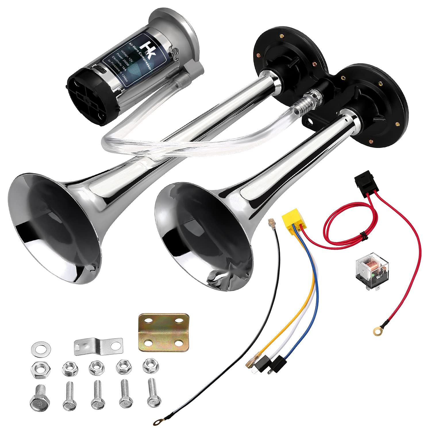HK easy-install compressor comes with hardware and pipe for a clean install.