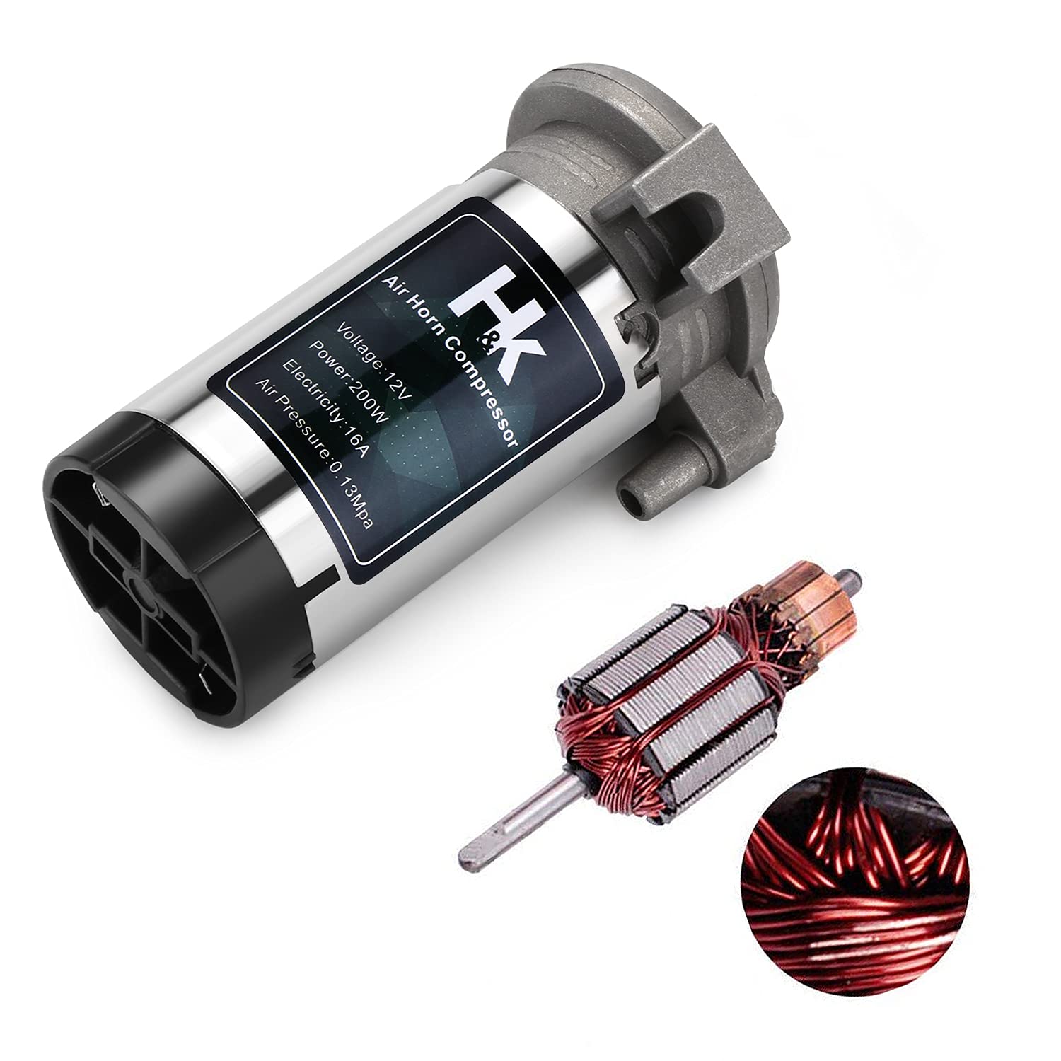 HK replacement air compressor 12V-150dB, compact design for cars and trucks.