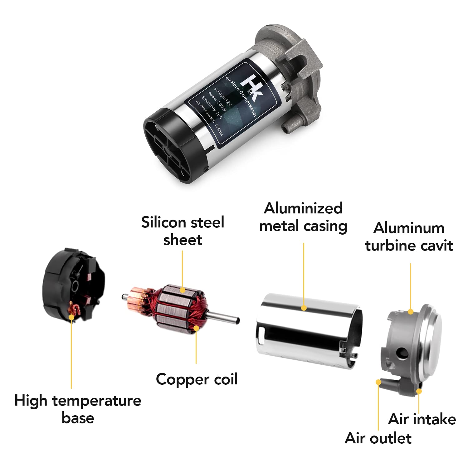 HK universal-fit 12V trumpet compressor for cars, trucks, boats.