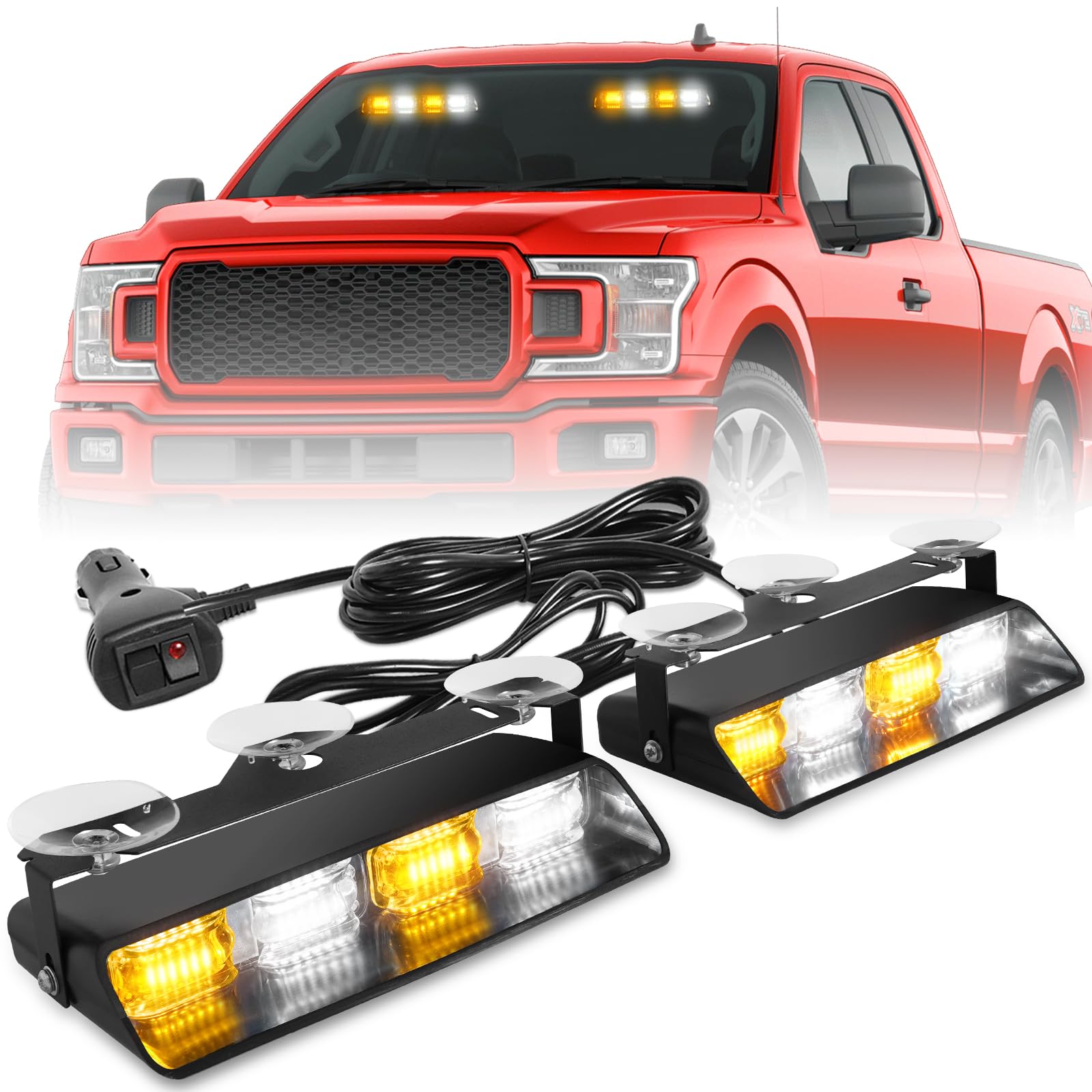 HLauto 2002L dash strobe lights in amber and white, high visibility on the windshield