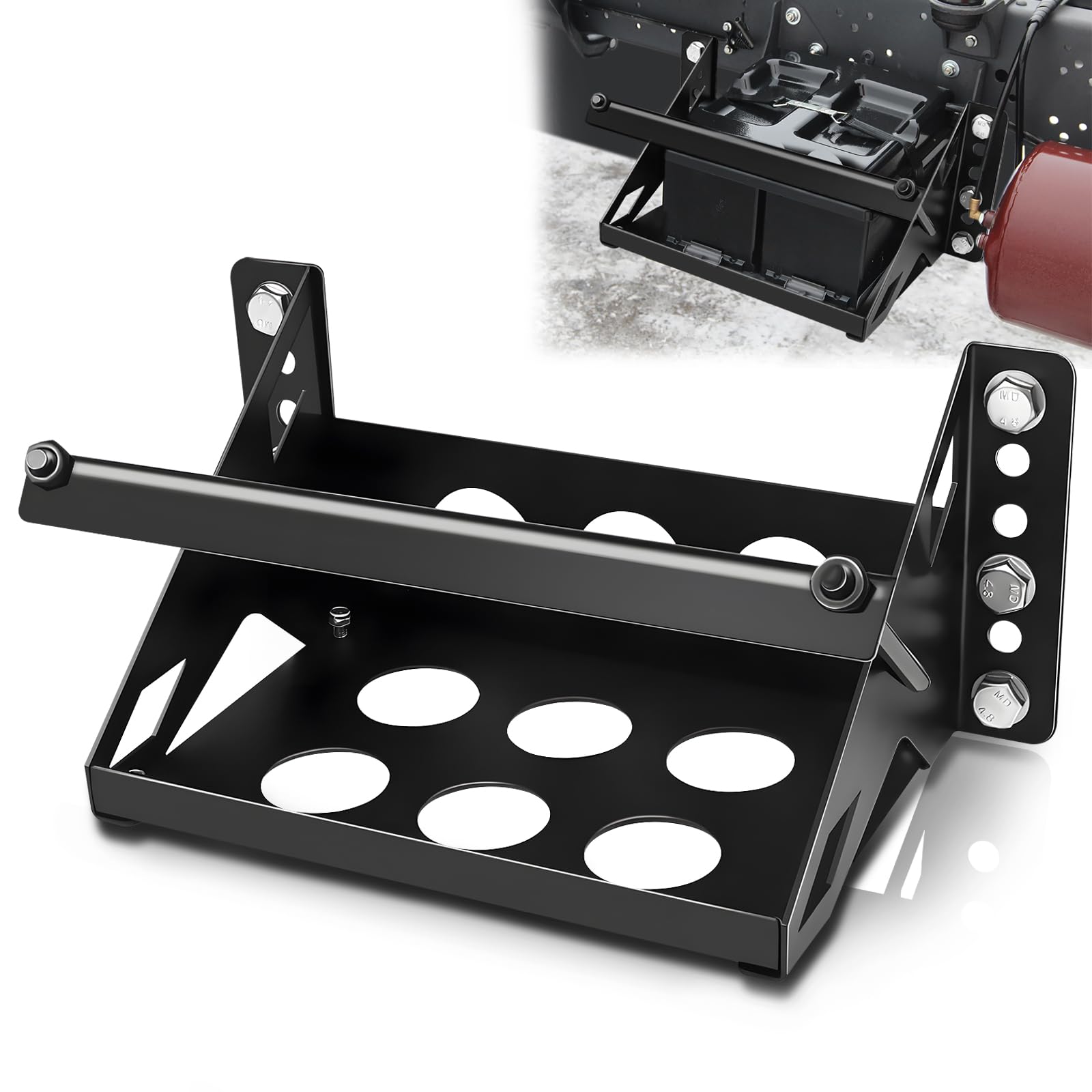 HLTIT battery tray front view showing sturdy steel construction for dependable mounting