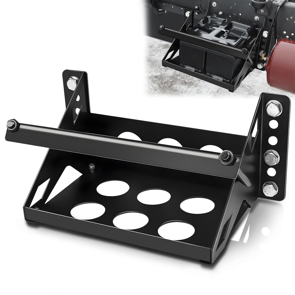HLTIT battery tray front view showing sturdy steel construction for dependable mounting