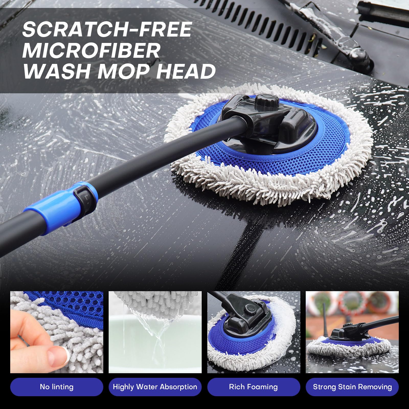 Hmdswa adjustable-length handle extends reach to difficult areas.