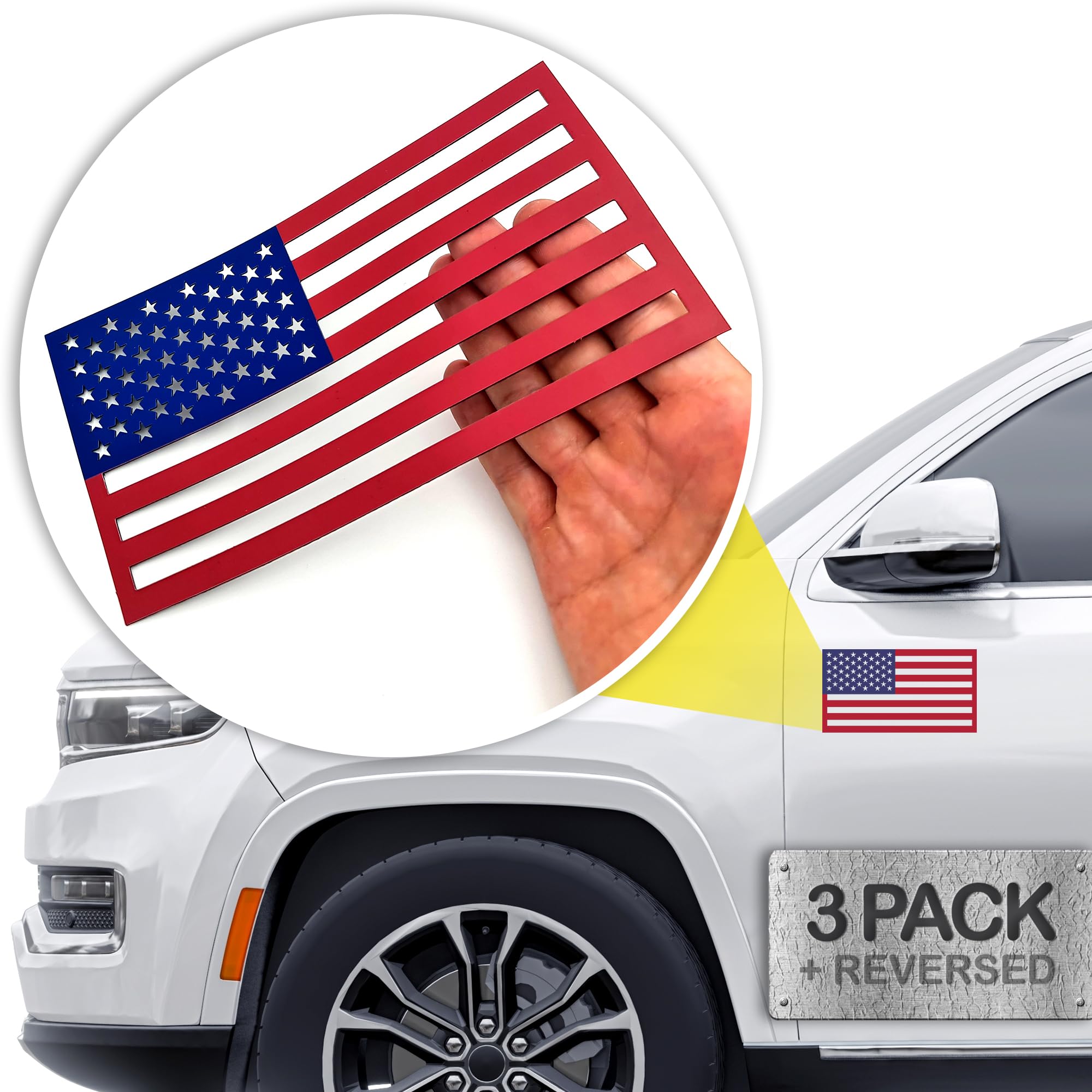 HMmagnets American flag magnet on vehicle front view demonstrates secure hold