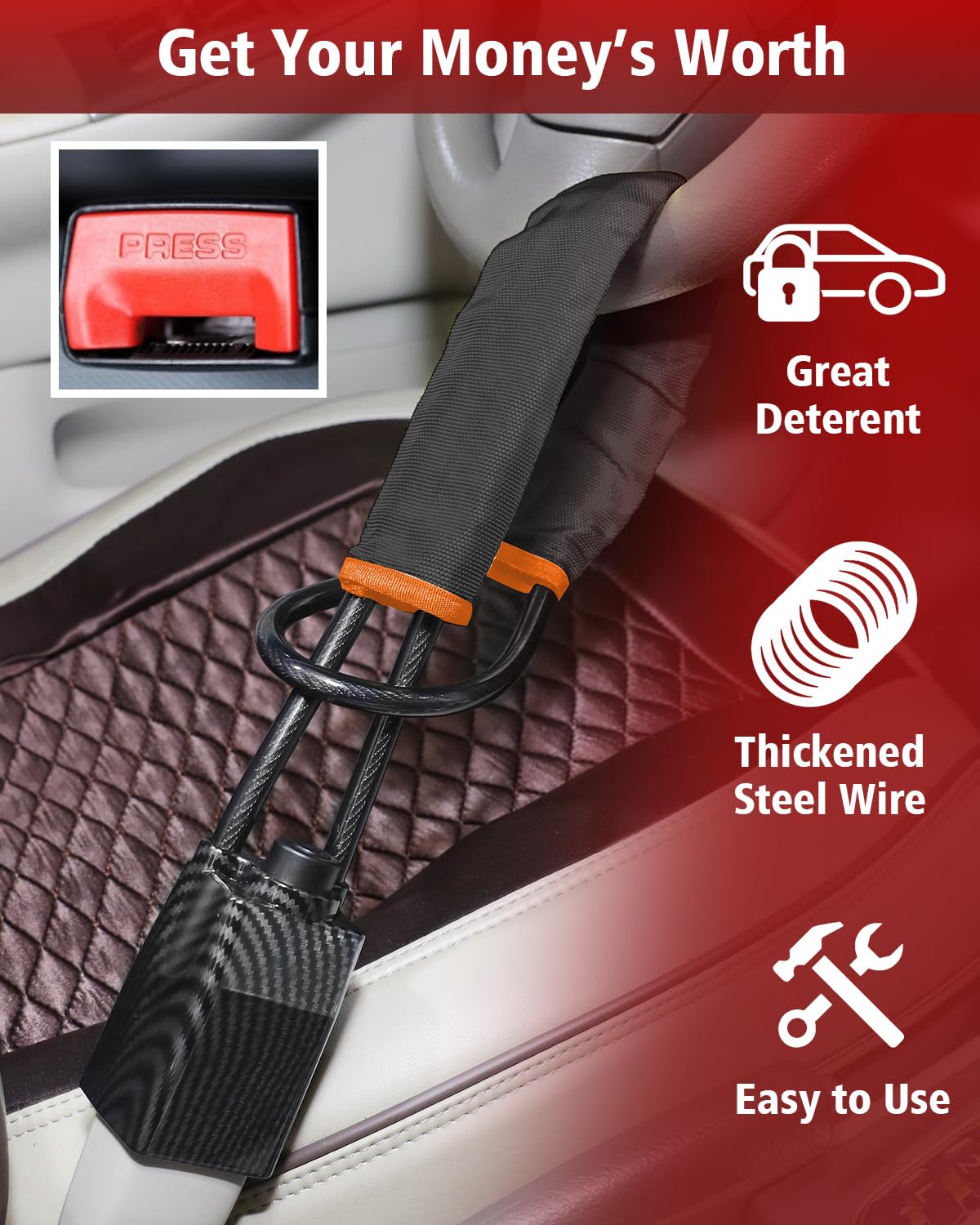 Handbag secured to a seat using the anti-theft device for deterrence