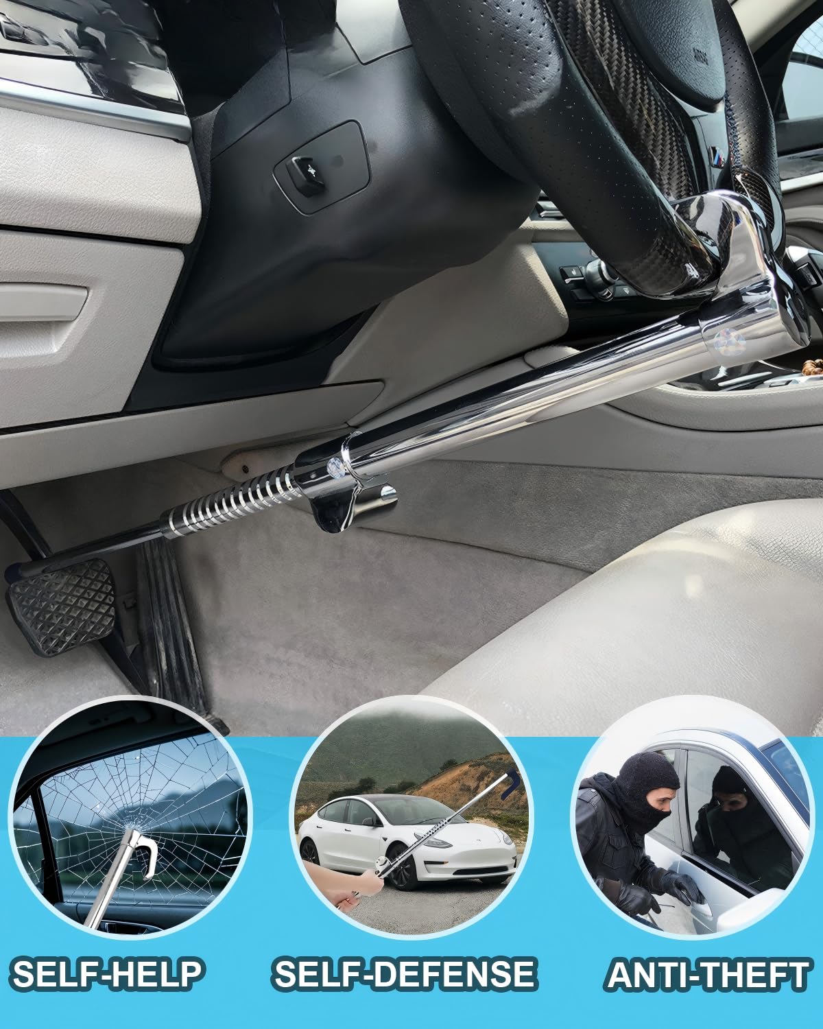 HMYMYHM telescopic lock extended to show adjustable range for many vehicles.