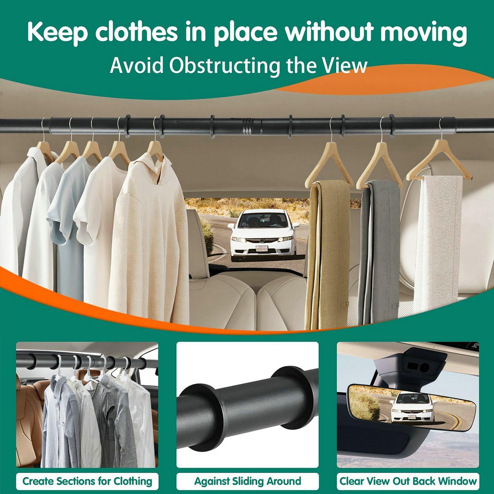 Hoapavi car clothes hanger bar features nine anti-slip rings to prevent movement.