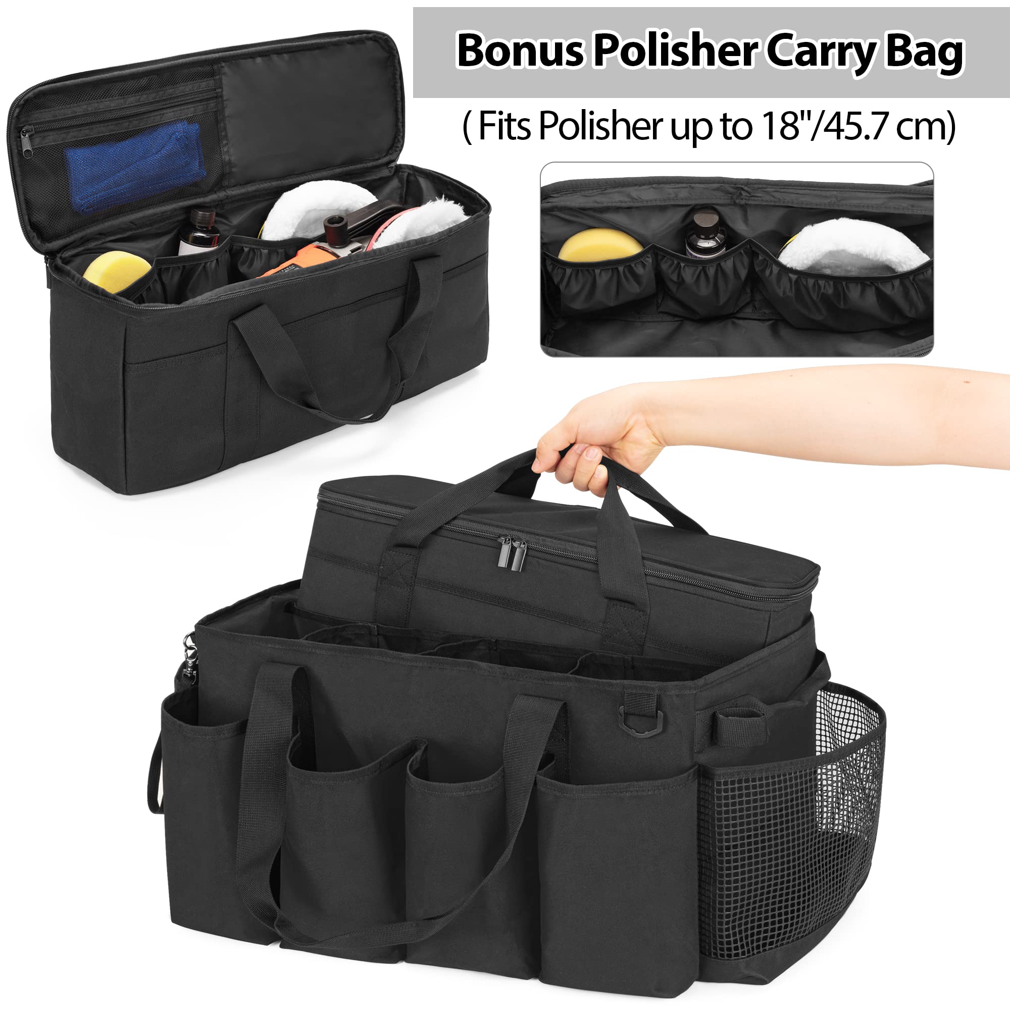 HODRANT detailing bag large main compartment holds buffers, towels, and detail bottles.