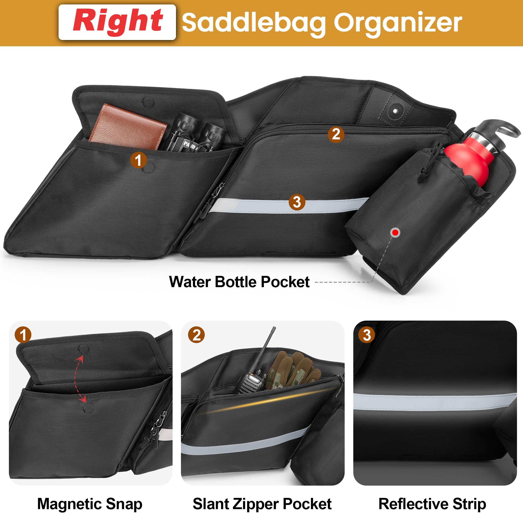 HODRANT saddlebag organizer bottle-pocket close-up shows drawstring security for drinks on long trips.