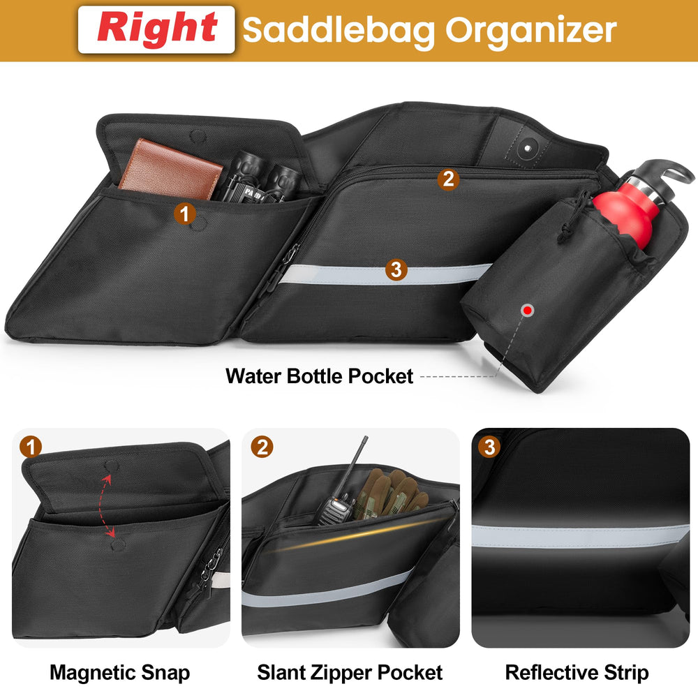 HODRANT saddlebag organizer bottle-pocket close-up shows drawstring security for drinks on long trips.