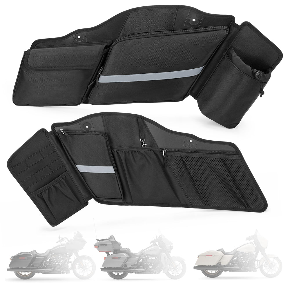 HODRANT saddlebag organizer left view shows organized compartments for quick ride-side access.