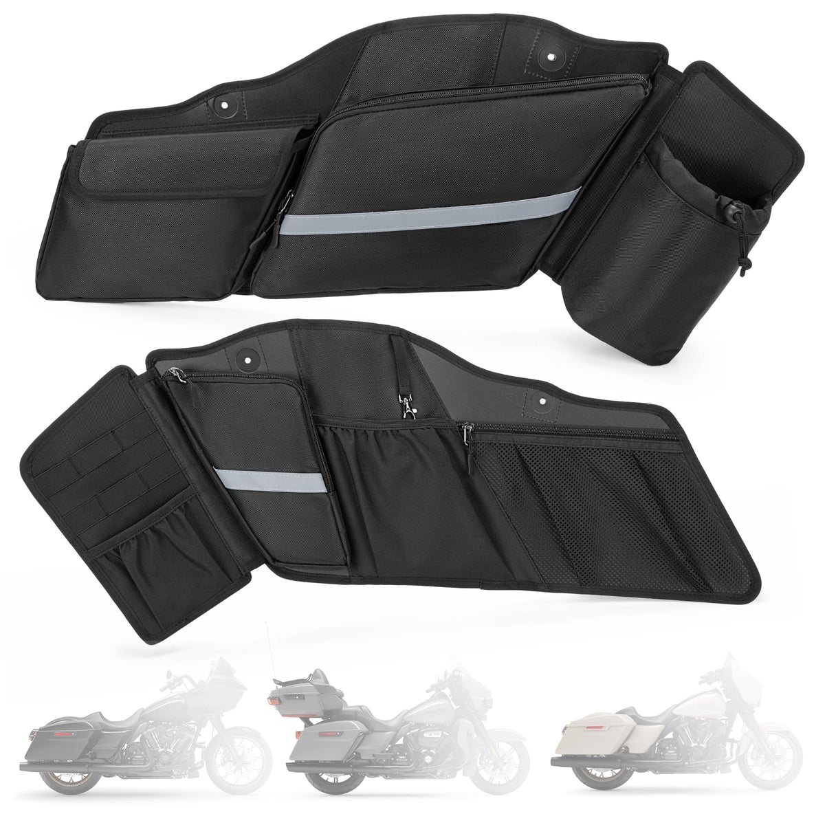 HODRANT saddlebag organizer left view shows organized compartments for quick ride-side access.