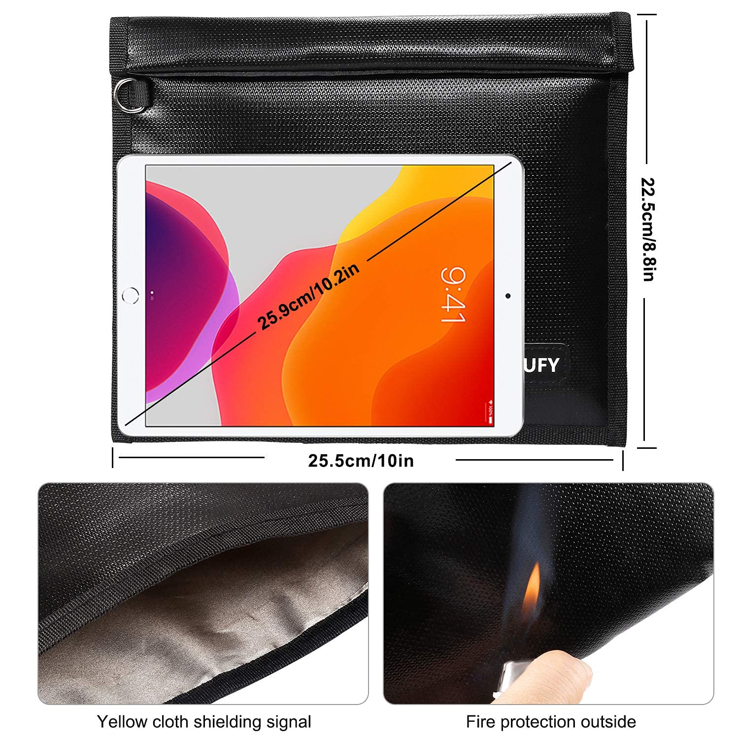 Hodufy Faraday bag showing fireproof and waterproof materials for everyday protection.