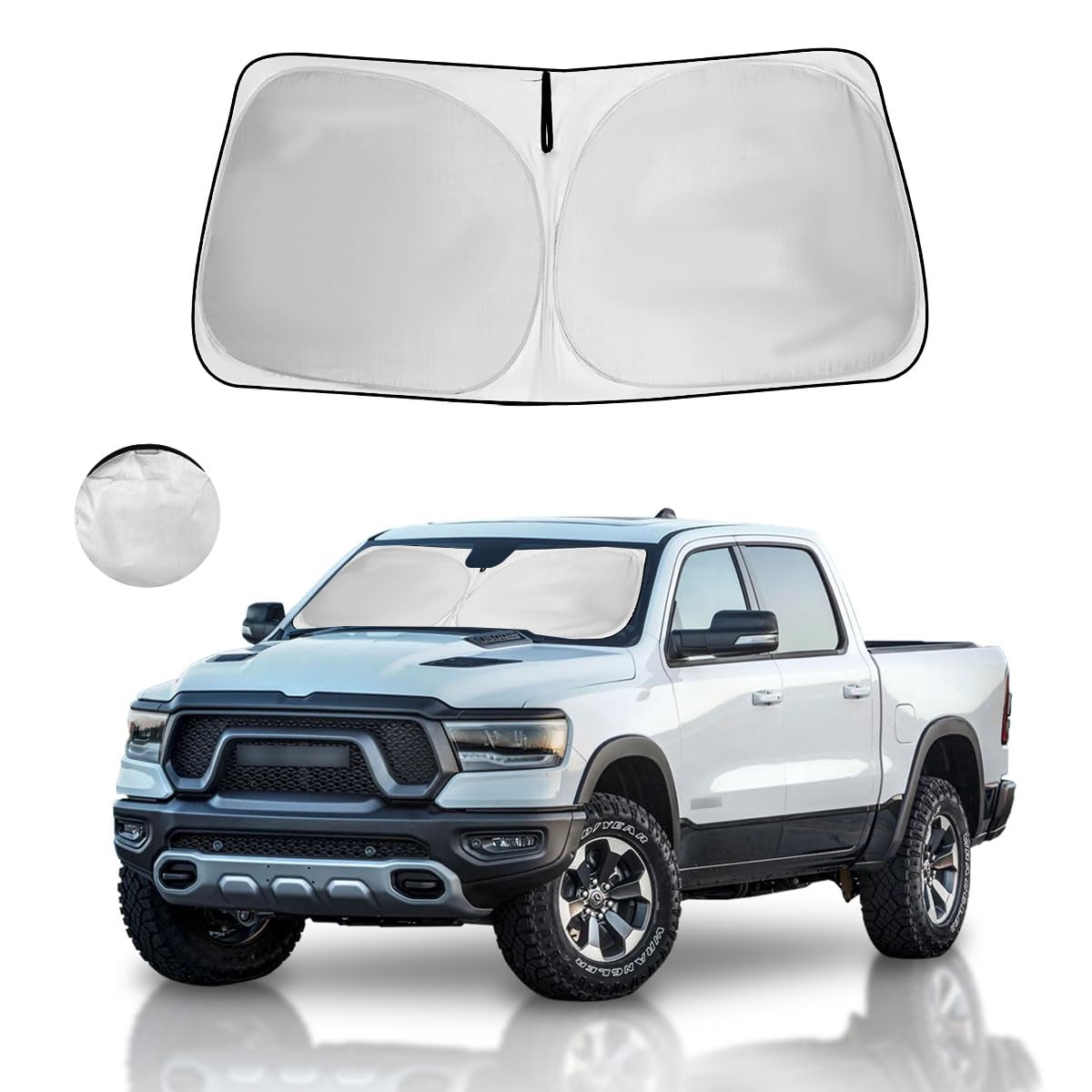 HOHUIGO sun shade front view showing custom Dodge RAM fit for interior protection