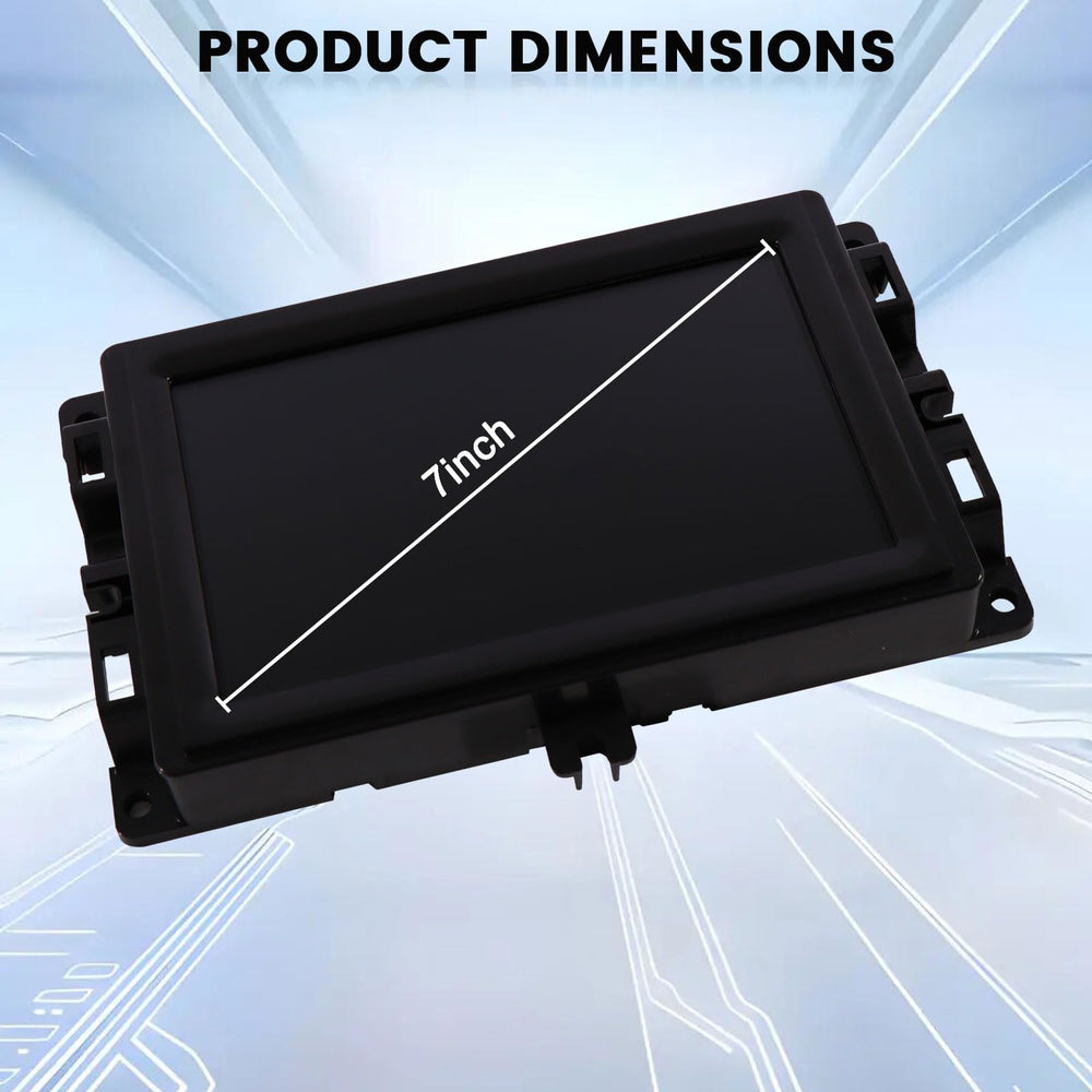 Hoiedt 7-inch Uconnect screen close-up showing laminated surface protection