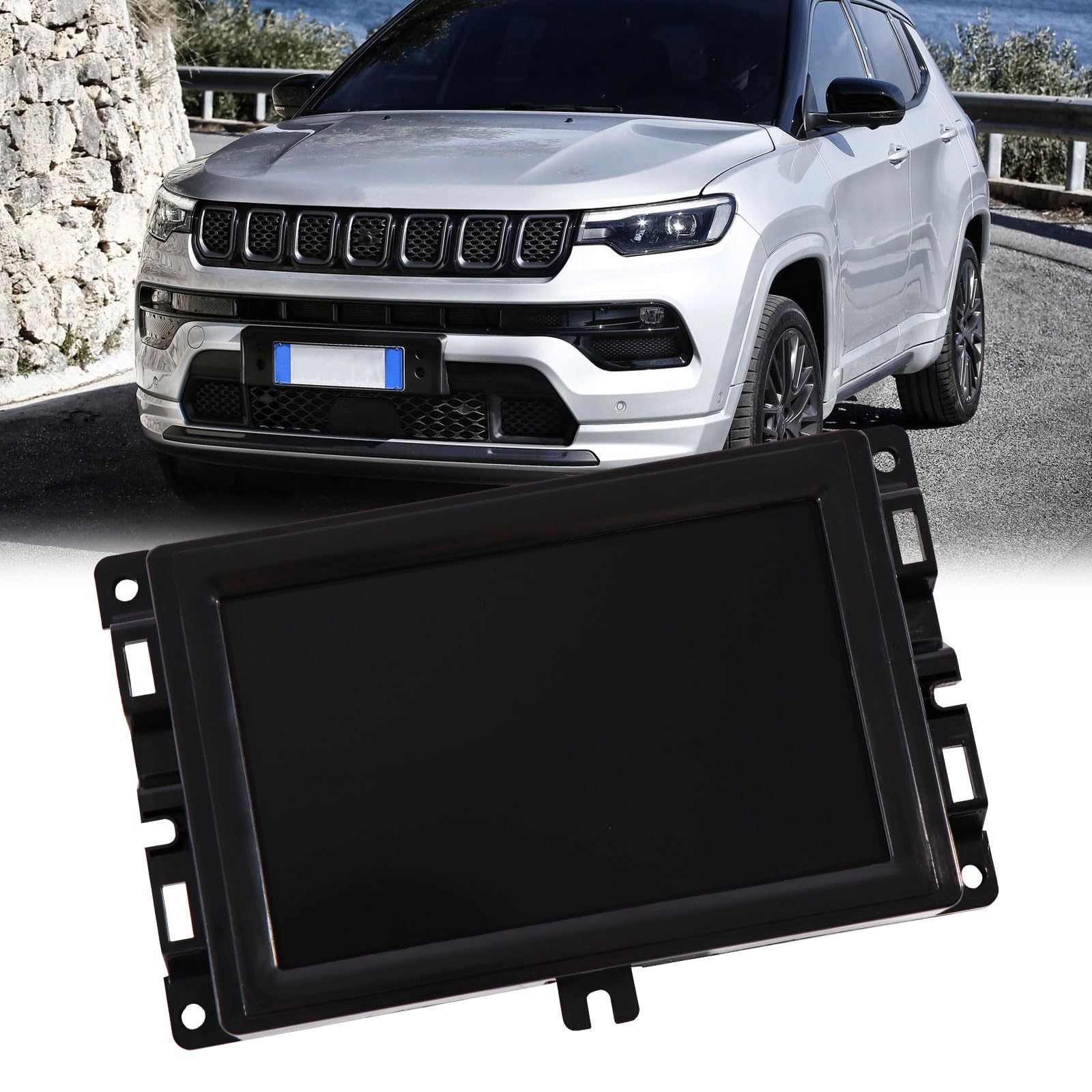 Hoiedt 7-inch Uconnect touch screen for Jeep Compass—front view with OE-fit look
