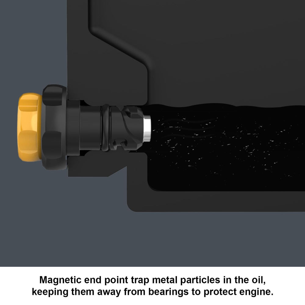 Holdly Mustang yellow plastic oil pan plug close-up for easy replacement
