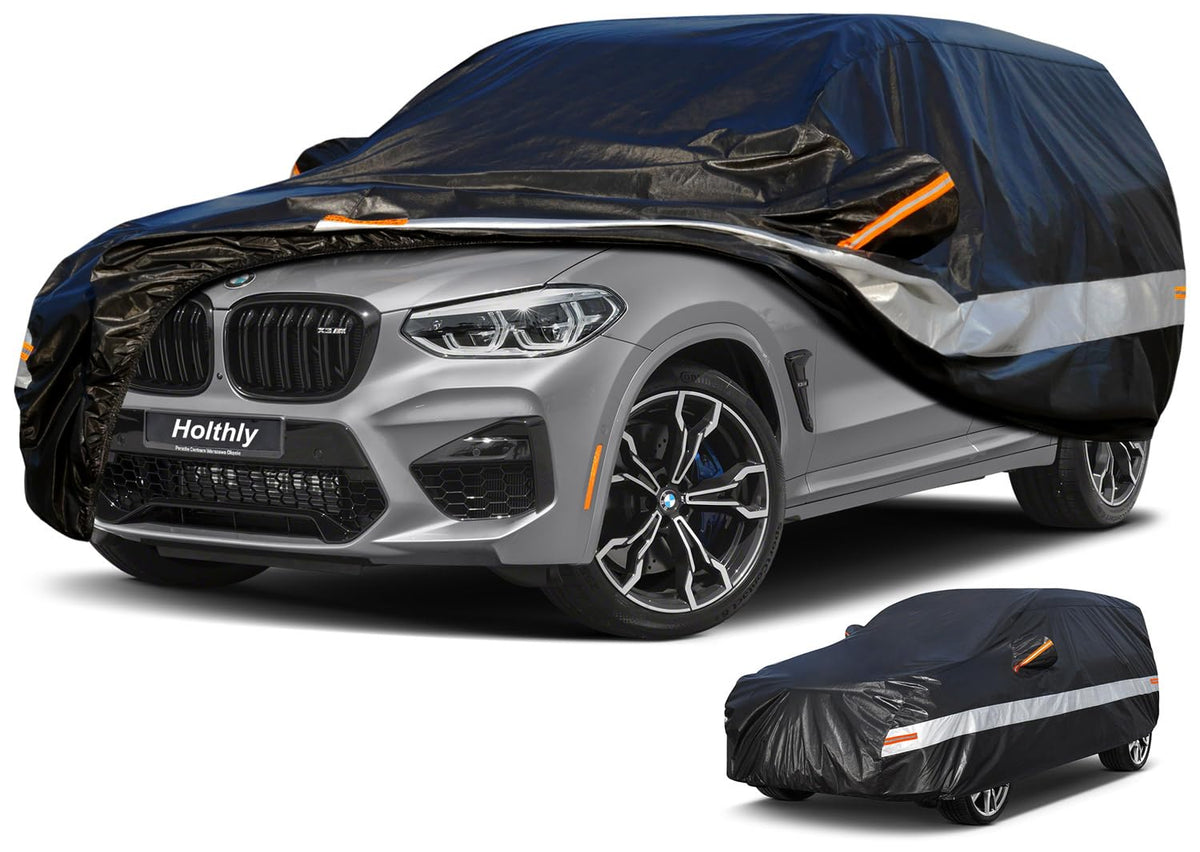Holthly 10-layers car cover protects SUV from rain and dust.