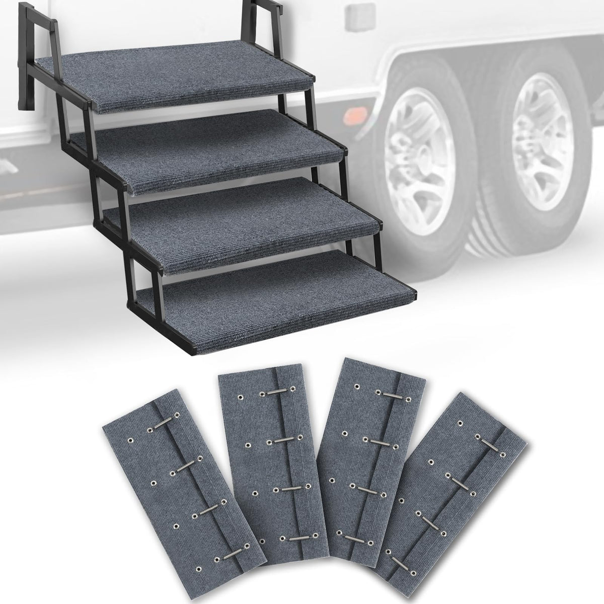 HOMEE RV step covers 4-pack secured on wide 23-inch stairs for cleaner entry