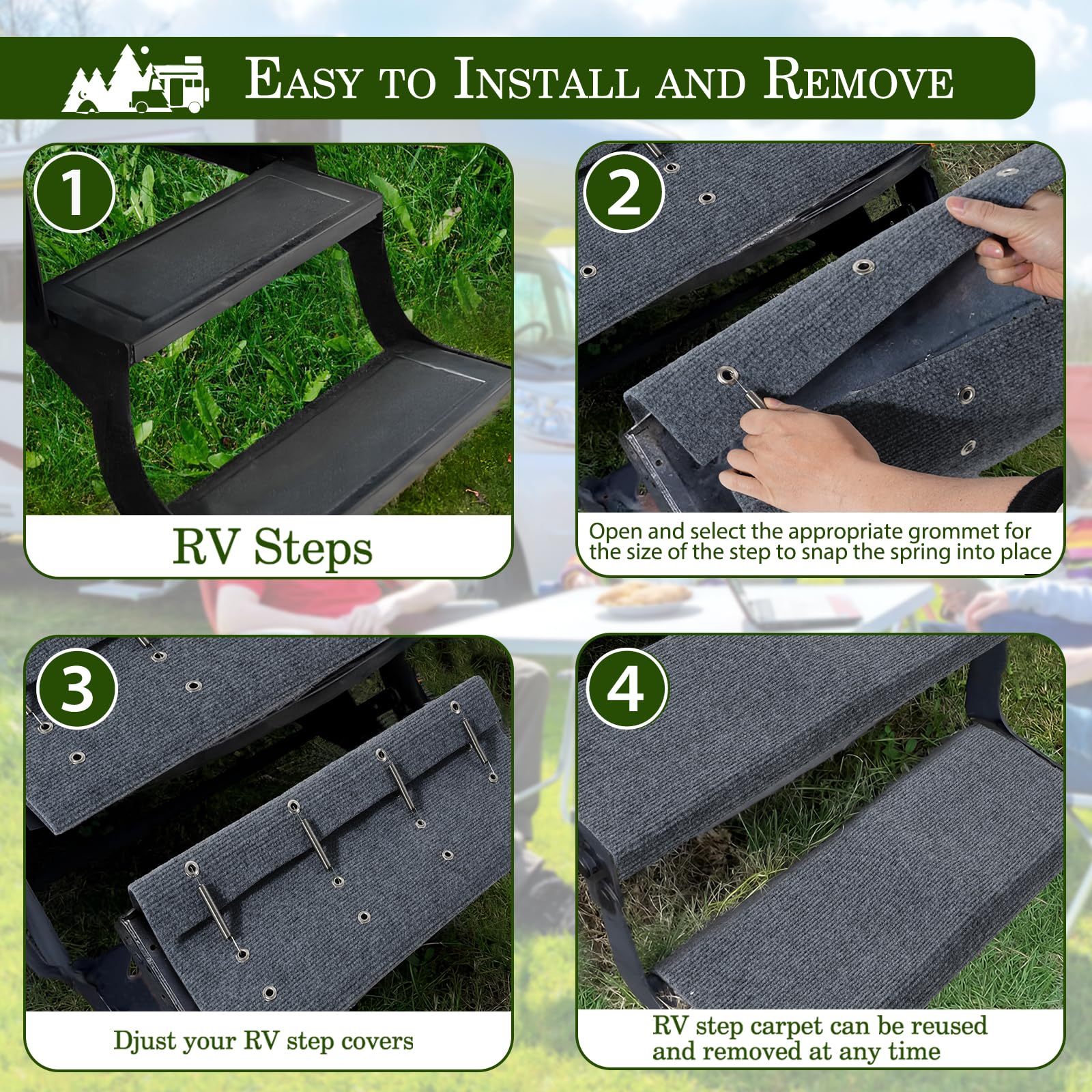 HOMEE RV step covers include spring-loaded hooks for secure mounting