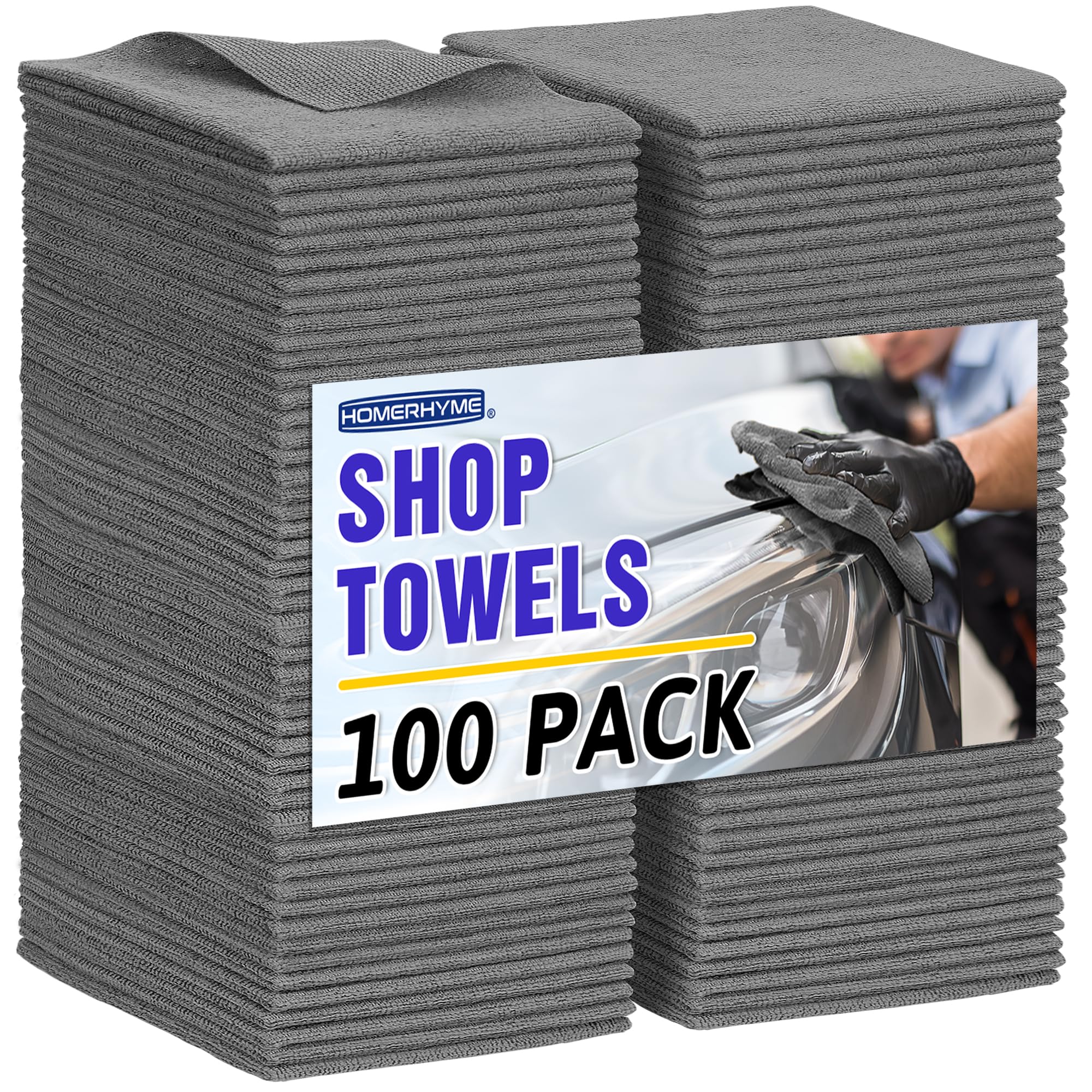 HOMERHYME microfiber cloths 100-pack for streak-free cleaning on cars, homes, and workshops.