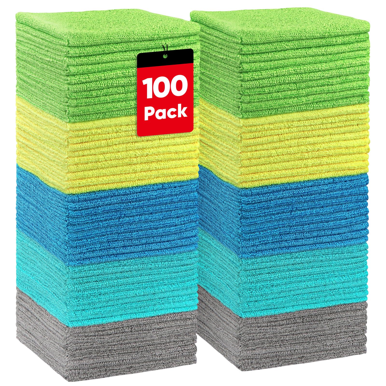 HOMEXCEL microfiber cloths in a 100-pack, highly absorbent for quick cleanups.