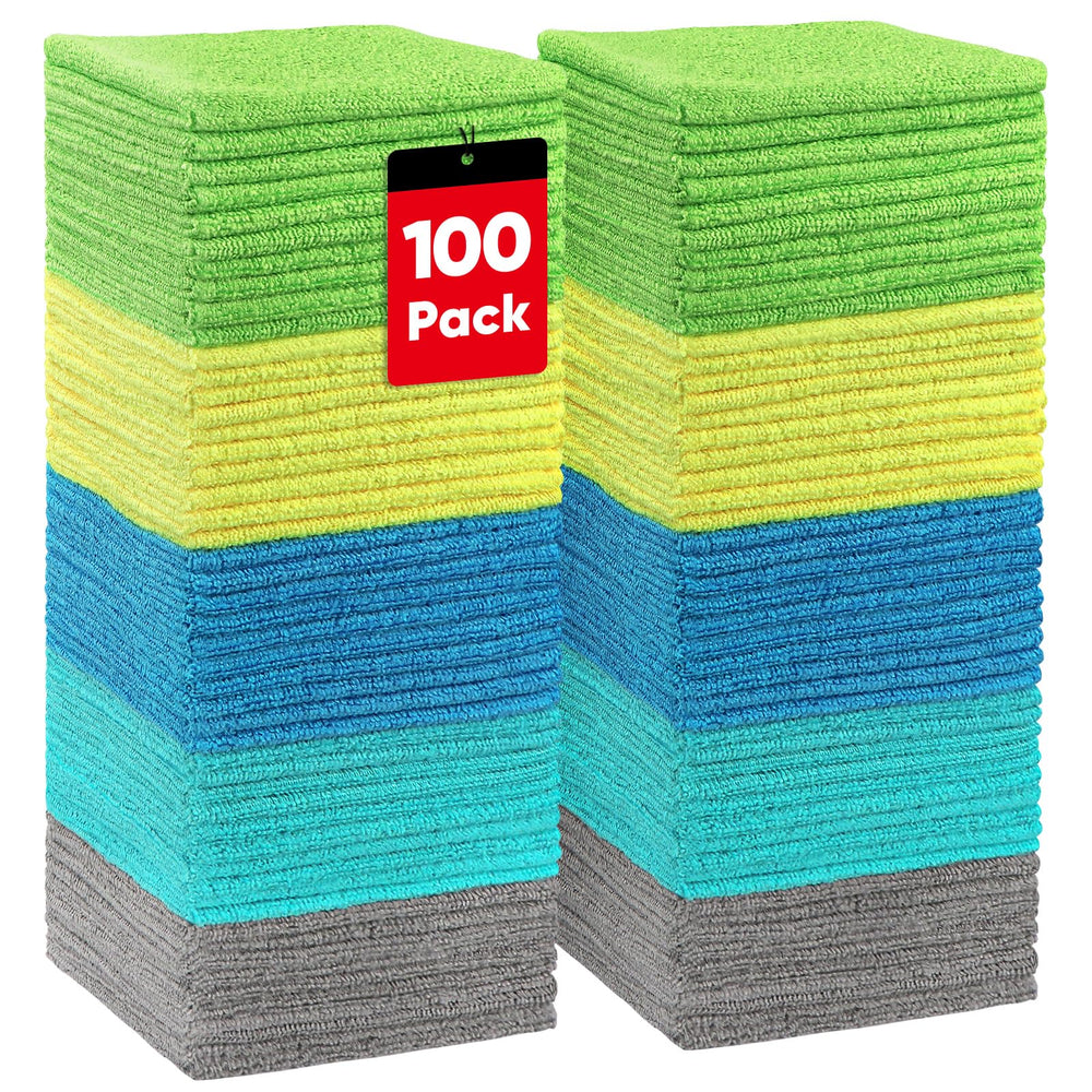 HOMEXCEL microfiber cloths in a 100-pack, highly absorbent for quick cleanups.