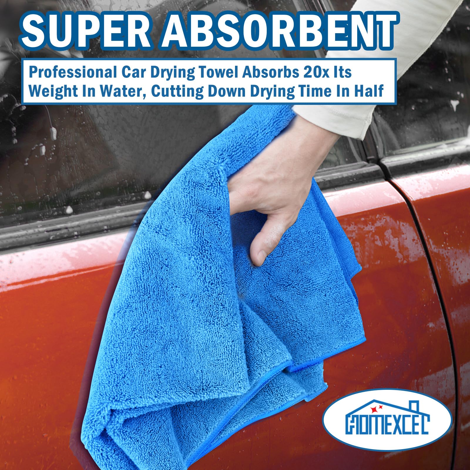HOMEXCEL towel absorbing water up to twenty times its weight.