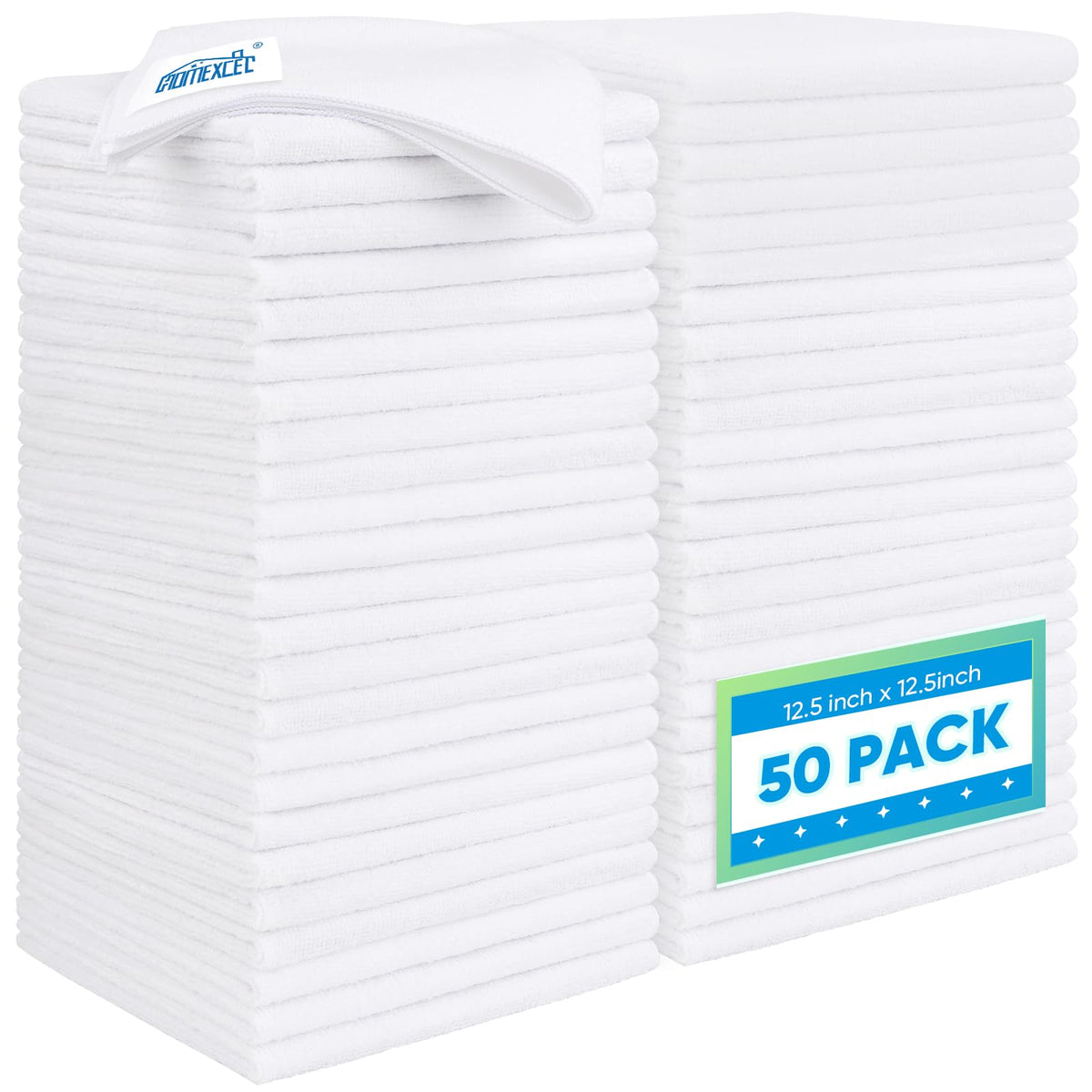 HOMEXCEL white microfiber cloths in a 50-pack for versatile cleaning tasks.