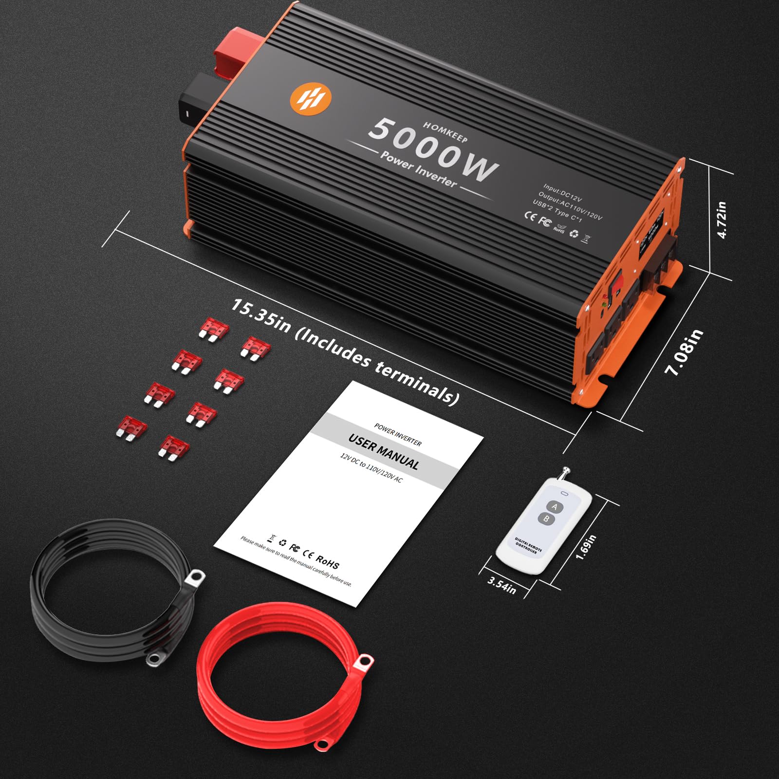 Homkeep inverter package includes cables and manual for quick setup.
