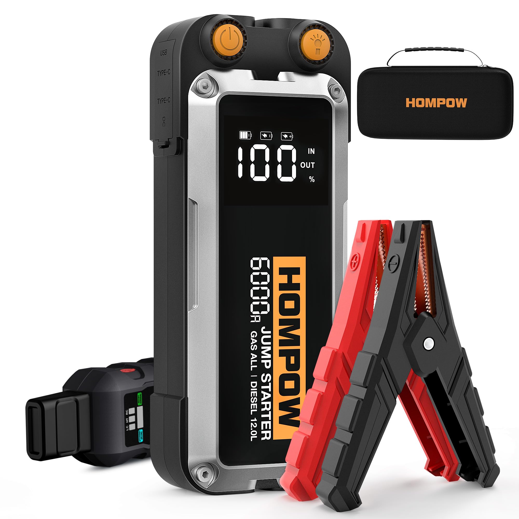 HOMPOW 6000A jump starter front view highlighting its compact design for quick emergency starts.