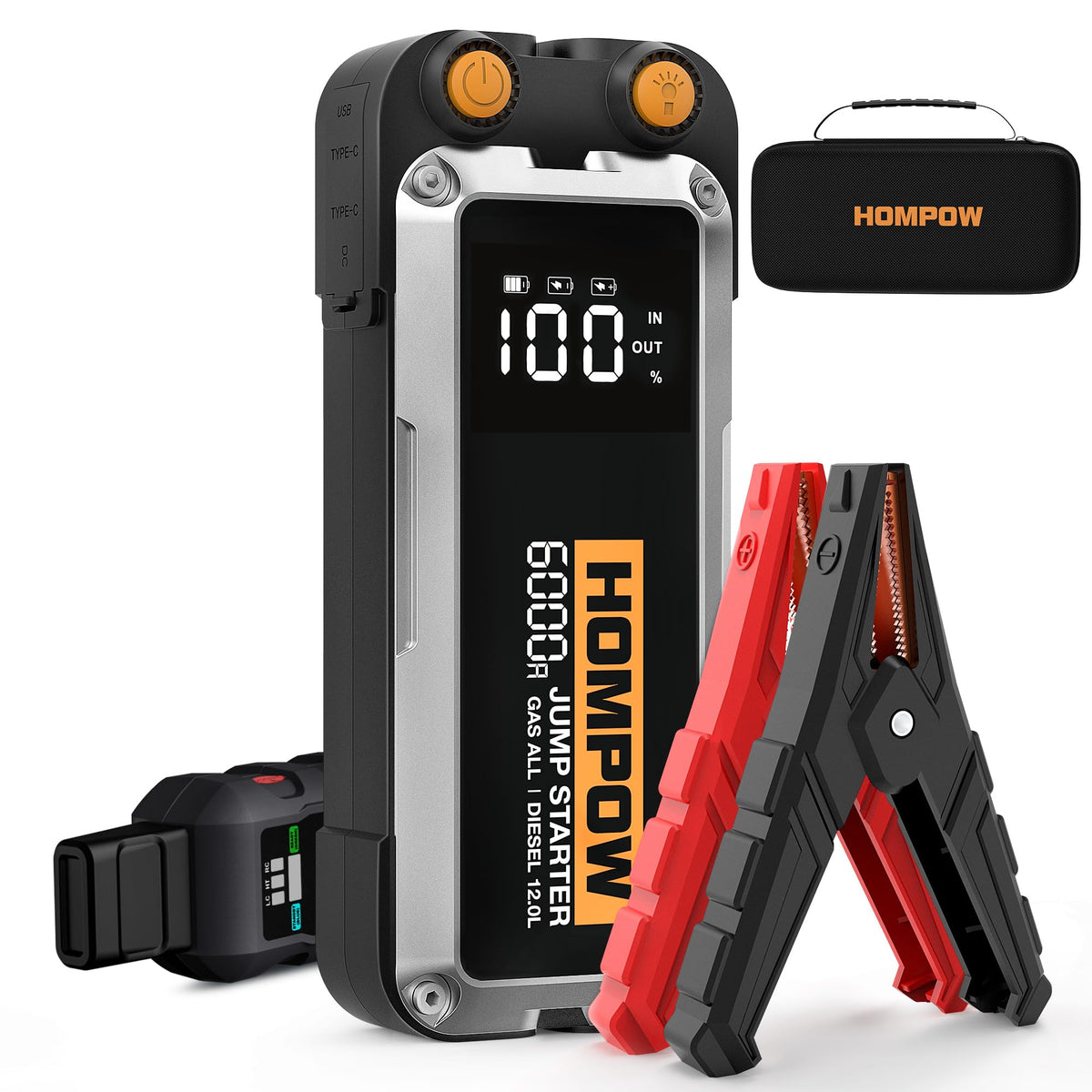 HOMPOW 6000A jump starter front view highlighting its compact design for quick emergency starts.
