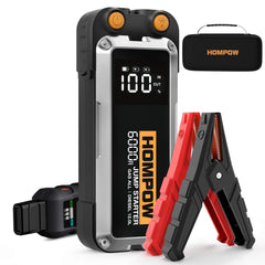 HOMPOW 6000A jump starter front view highlighting its compact design for quick emergency starts.