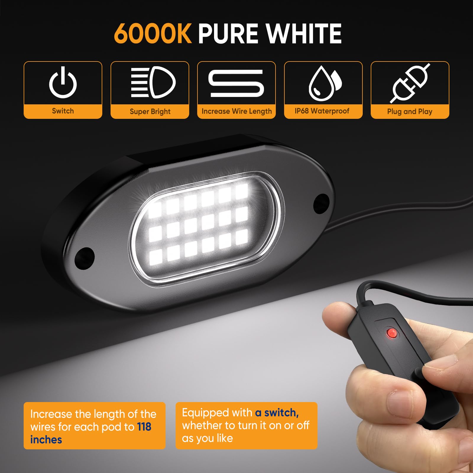 Honalia 6000K pure white LED pods illuminate undercarriage clearly