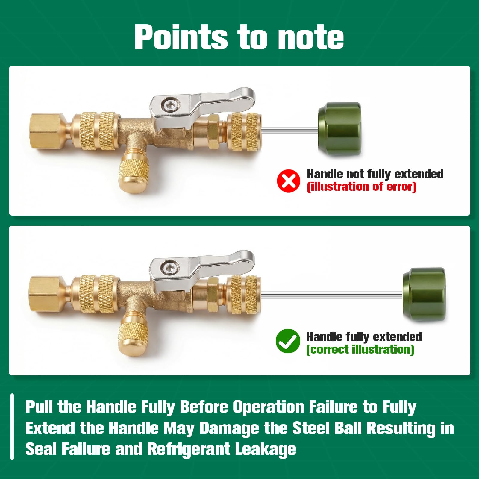 Brass adapter detail highlights compatibility with R410A and other refrigerants.