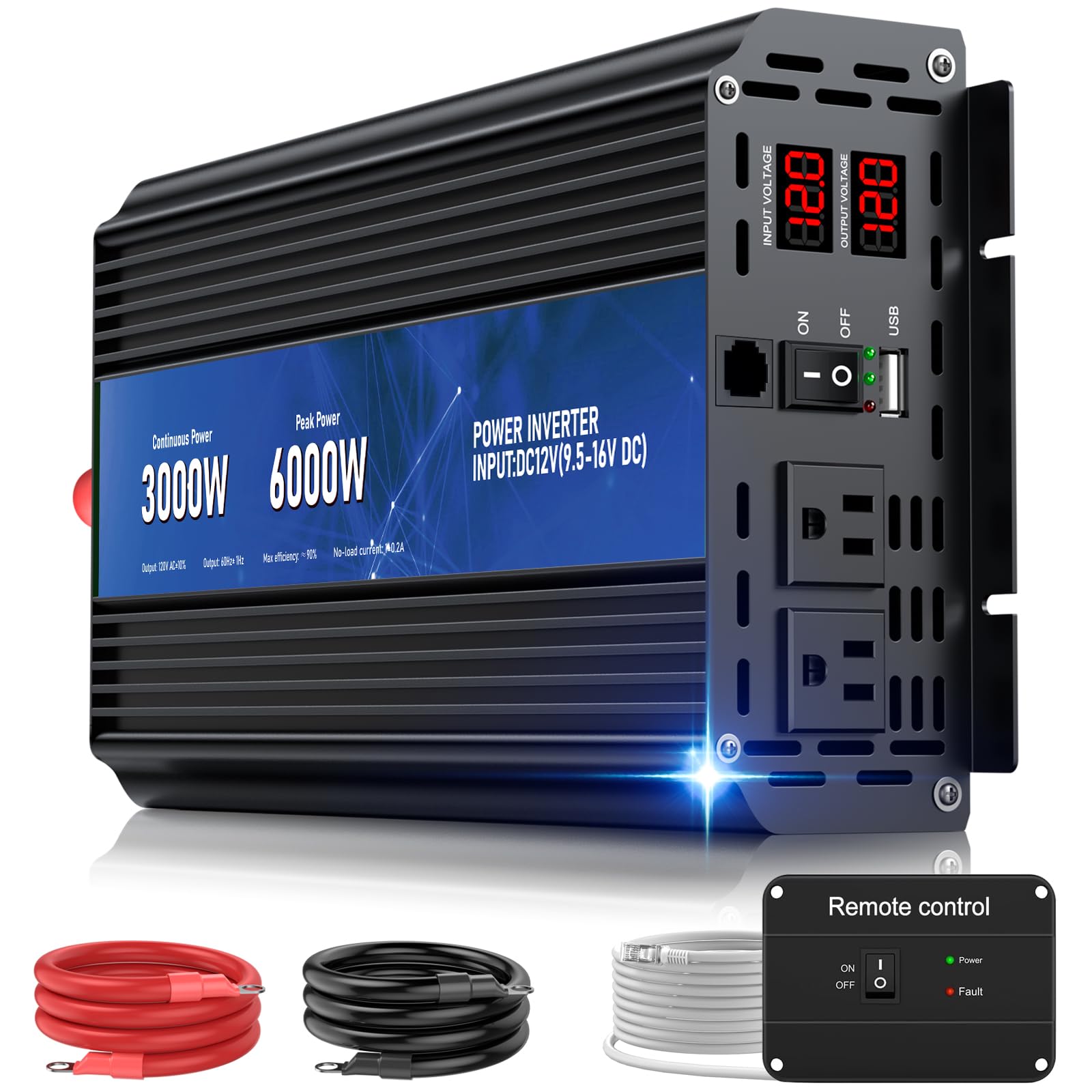 HONOURLIGHT 3000W inverter front view highlights rugged aluminum housing for outdoor use.