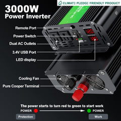 HONOURLIGHT 3000W inverter LCD display demonstrating real-time voltage and status.